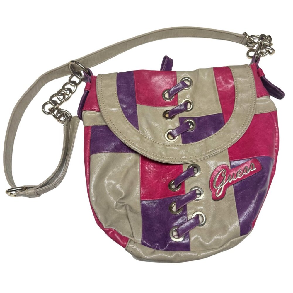 Y2K Guess Patchwork Shoulder Crossbody Bag – Pink/Purple/Beige – Vintage 2000s
